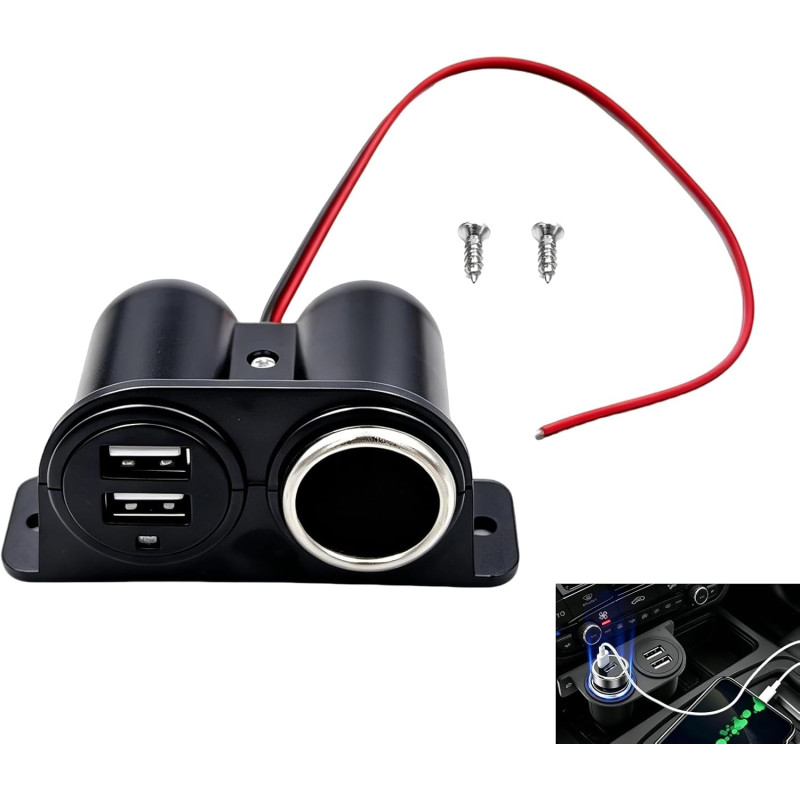 Prise Allume Cigare USB, Panneau Prise 12V 24V avec Double Port USB et Voyant LED, Répartiteur d’Alimentation à Montage Fixe Câb
