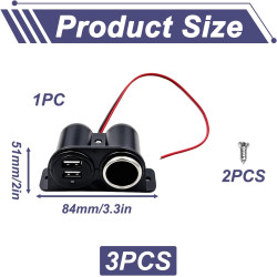 Prise Allume Cigare USB, Panneau Prise 12V 24V avec Double Port USB et Voyant LED, Répartiteur d’Alimentation à Montage Fixe Câb