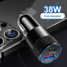 Chargeur Voiture Double Port USB-C PD 38W et USB-A QC 3.1A, Adaptateur Allume-Cigare, Charge Rapide 15W