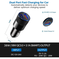 Chargeur Voiture Double Port USB-C PD 38W et USB-A QC 3.1A, Adaptateur Allume-Cigare, Charge Rapide 15W