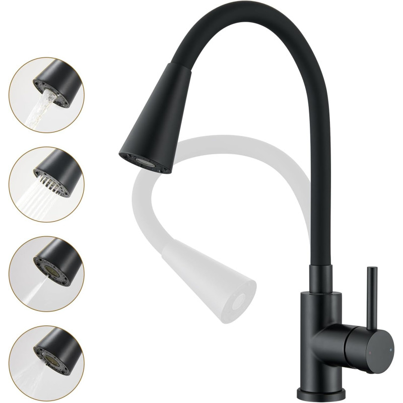 Robinet Cuisine Noir, Mitigeur Cuisine avec Bec Flexible 4 Modes de Réglage, Robinetterie Evier Pivotant à 360° en Acier Inoxyda