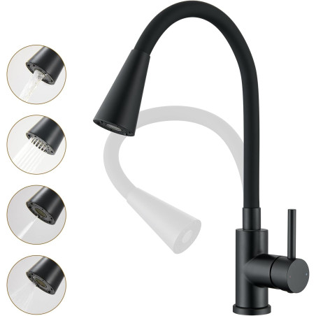 Robinet Cuisine Noir, Mitigeur Cuisine avec Bec Flexible 4 Modes de Réglage, Robinetterie Evier Pivotant à 360° en Acier Inoxyda