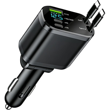 5 en 1 Rétractable Chargeur Voiture 45W Adaptateur Allume USB Cigare QC3.0 Rapide Charge USB-C/USB-A et Ajustable Câble Type-C P
