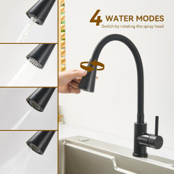 Robinet Cuisine Noir, Mitigeur Cuisine avec Bec Flexible 4 Modes de Réglage, Robinetterie Evier Pivotant à 360° en Acier Inoxyda