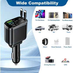 5 en 1 Rétractable Chargeur Voiture 45W Adaptateur Allume USB Cigare QC3.0 Rapide Charge USB-C/USB-A et Ajustable Câble Type-C P