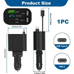5 en 1 Rétractable Chargeur Voiture 45W Adaptateur Allume USB Cigare QC3.0 Rapide Charge USB-C/USB-A et Ajustable Câble Type-C P