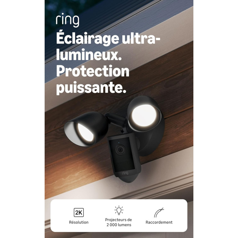 Ring Caméra Floodlight (Floodlight Cam), raccordée (nouvelle génération), Vidéo Retinal 2K grand-angle, Zoom amélioré x6, Projec