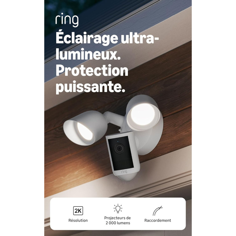 Ring Caméra Floodlight (Floodlight Cam), raccordée (nouvelle génération), Vidéo Retinal 2K grand-angle, Zoom amélioré x6, Projec