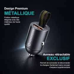 Mini Chargeur Voiture USB C 30W, Adaptateur Allume Cigare Rapide Métal Double Port PD & QC 3.0, avec Anneau de Tirage, Compatibl