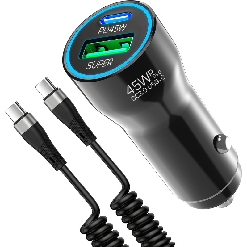 Adaptateur allume-cigare USB C 75 W avec câble de charge spirale de type C de 2 m, PD45W & QC30W Chargeur de voiture USB C pour 