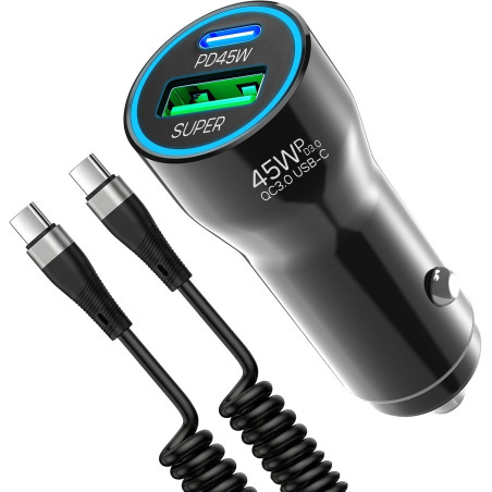 Adaptateur allume-cigare USB C 75 W avec câble de charge spirale de type C de 2 m, PD45W & QC30W Chargeur de voiture USB C pour 