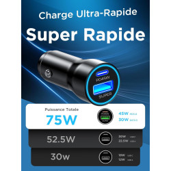 Adaptateur allume-cigare USB C 75 W avec câble de charge spirale de type C de 2 m, PD45W & QC30W Chargeur de voiture USB C pour 