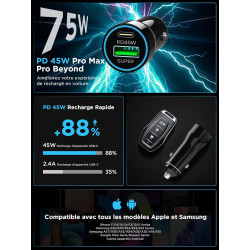 Adaptateur allume-cigare USB C 75 W avec câble de charge spirale de type C de 2 m, PD45W & QC30W Chargeur de voiture USB C pour 