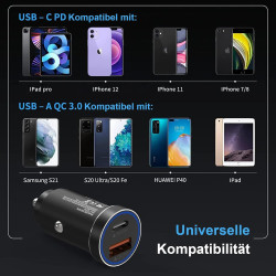 38 W USB C 12 V Adaptateur Allume-Cigare （PD&QC3.0 Chargeur Allume-Cigare ） pour iPhone 17 16 15 14 13 12 11 Pro Max Samsung Gal