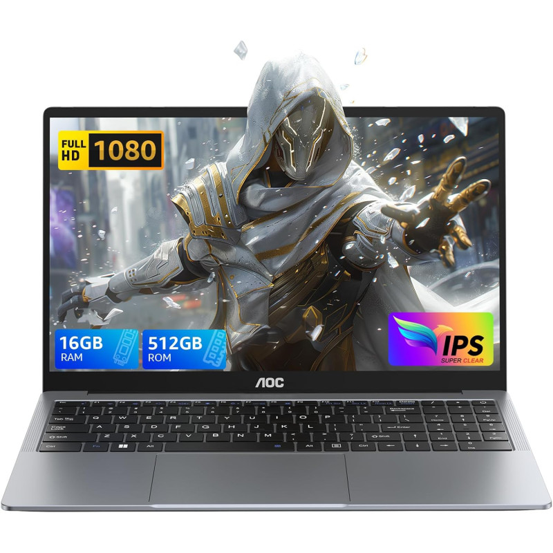 AOC 2025 AX15 Ordinateur Portable, Boîtier Métallique d'un PC Portable, 15,6 Pouces FHD 16 Go de DDR4 512 Go de SSD,N97 (6M Cach
