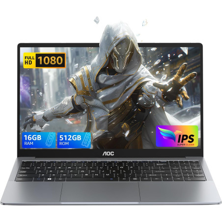 AOC 2025 AX15 Ordinateur Portable, Boîtier Métallique d'un PC Portable, 15,6 Pouces FHD 16 Go de DDR4 512 Go de SSD,N97 (6M Cach