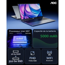 AOC 2025 AX15 Ordinateur Portable, Boîtier Métallique d'un PC Portable, 15,6 Pouces FHD 16 Go de DDR4 512 Go de SSD,N97 (6M Cach