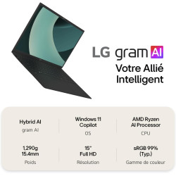 LG Gram 15Z80T-G.AU8BF - PC Portable 15" 1290g | écran DCI-P3 99% FHD | Intel® Evo™ AMD Ryz | RAM 32Go | SSD 2To NVMe | AMD Rade