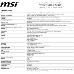 MSI Vector 16 HX AI A2XWIG-242FR : Intel Ultra 9 275HX – 32GB DDR5 – SSD 1TB – Nvidia RTX5080 16GB – 16” QHD+ 240Hz – Windows 11