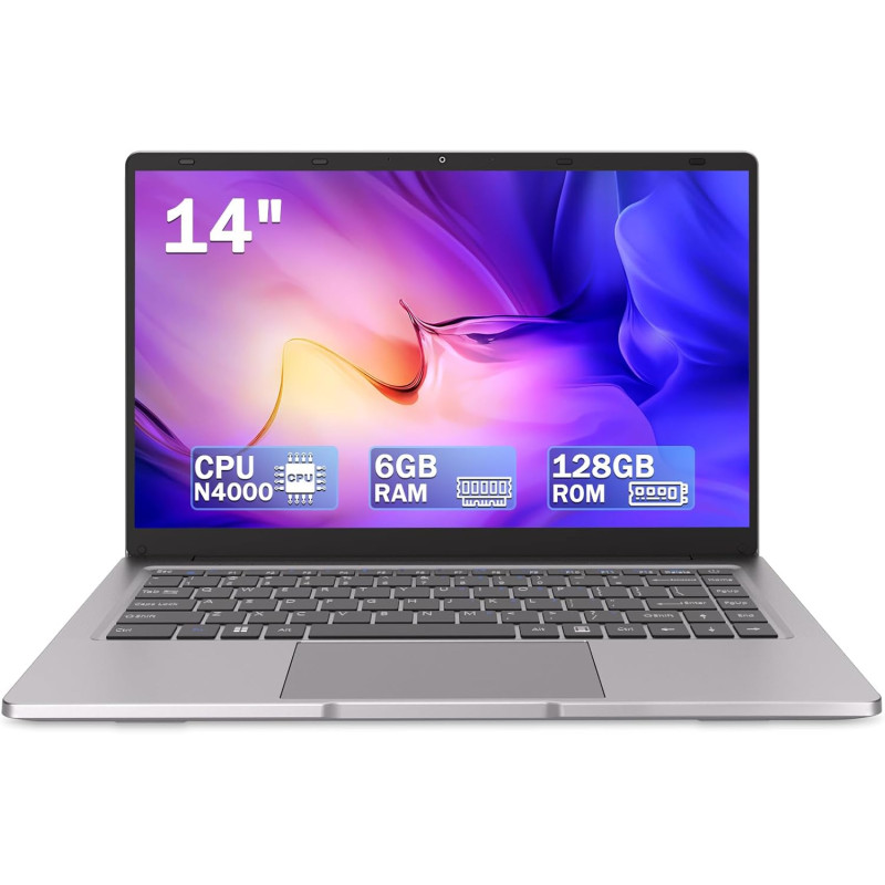 PINSTONE Ordinateur Portable 14″ 2 cœurs (Jusqu’à 2,6 GHz) • 6 Go RAM • 128 Go SSD • WiFi 5G • Mini-HDMI • Design sans Ventilate