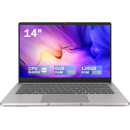 PINSTONE Ordinateur Portable 14″ 2 cœurs (Jusqu’à 2,6 GHz) • 6 Go RAM • 128 Go SSD • WiFi 5G • Mini-HDMI • Design sans Ventilate
