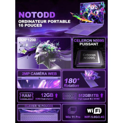Ordinateur Portable Gaming 16 Pouces 12 + 512 Go Soutien Extension 1TB (HDD-2TB) 4 cœurs Celeron N5095 (jusqu'à 2,9 GHz)1920x120