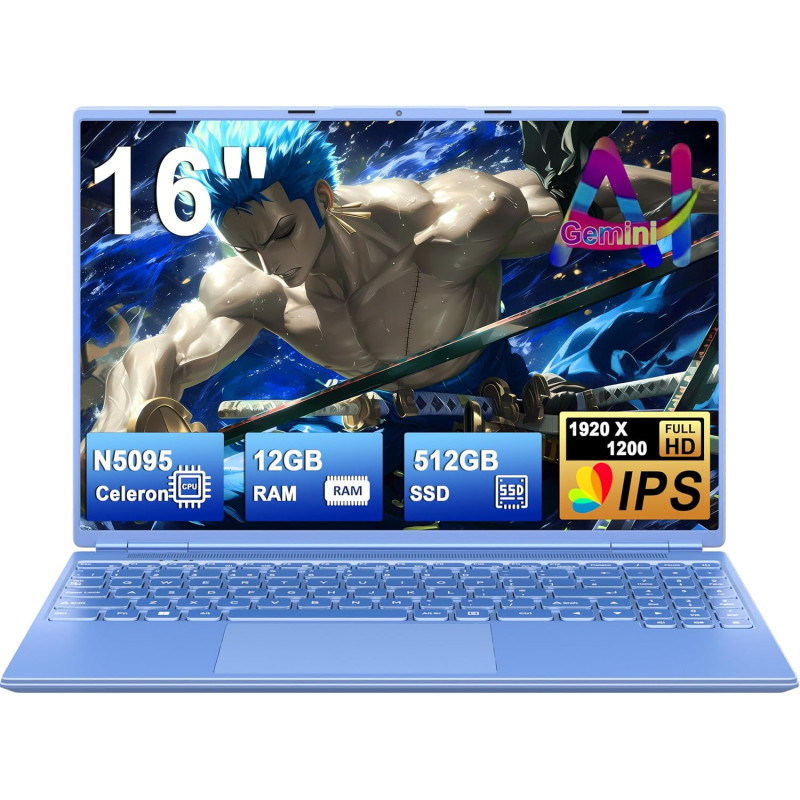 Ordinateur Portable 16 Pouces 4 cœurs Celeron N5095 (jusqu'à 2,9 GHz),12+512GB SSD Soutien Extension 1TB ,PC Portable Win11 Avec