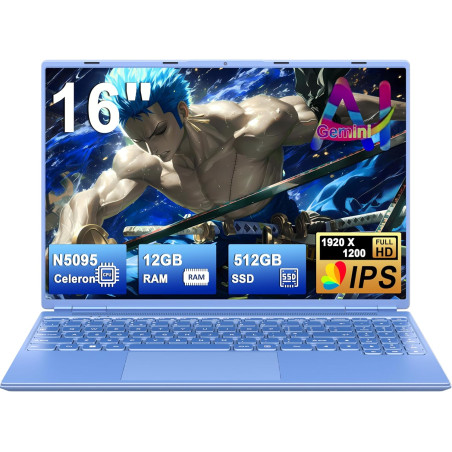Ordinateur Portable 16 Pouces 4 cœurs Celeron N5095 (jusqu'à 2,9 GHz),12+512GB SSD Soutien Extension 1TB ,PC Portable Win11 Avec