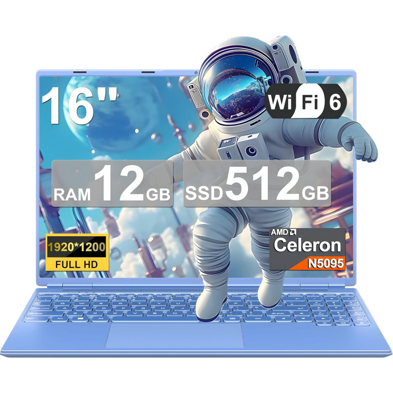 NOTODD Ordinateur Portable Gaming 16'' 12+512 Go SSD Soutien Extension 2TB (HDD-2TB) 1920x1200 PC Portable Celeron N5095 (jusqu'