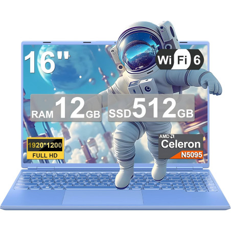 NOTODD Ordinateur Portable Gaming 16'' 12+512 Go SSD Soutien Extension 2TB (HDD-2TB) 1920x1200 PC Portable Celeron N5095 (jusqu'