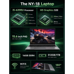 FUNYET 15,6 Pouces Ordinateur Portable i5-6200U (jusqu'à 2,80 GHz) 16Go RAM 512Go SSD PC Portable avec Win 11 Laptop, WiFi 5, BT