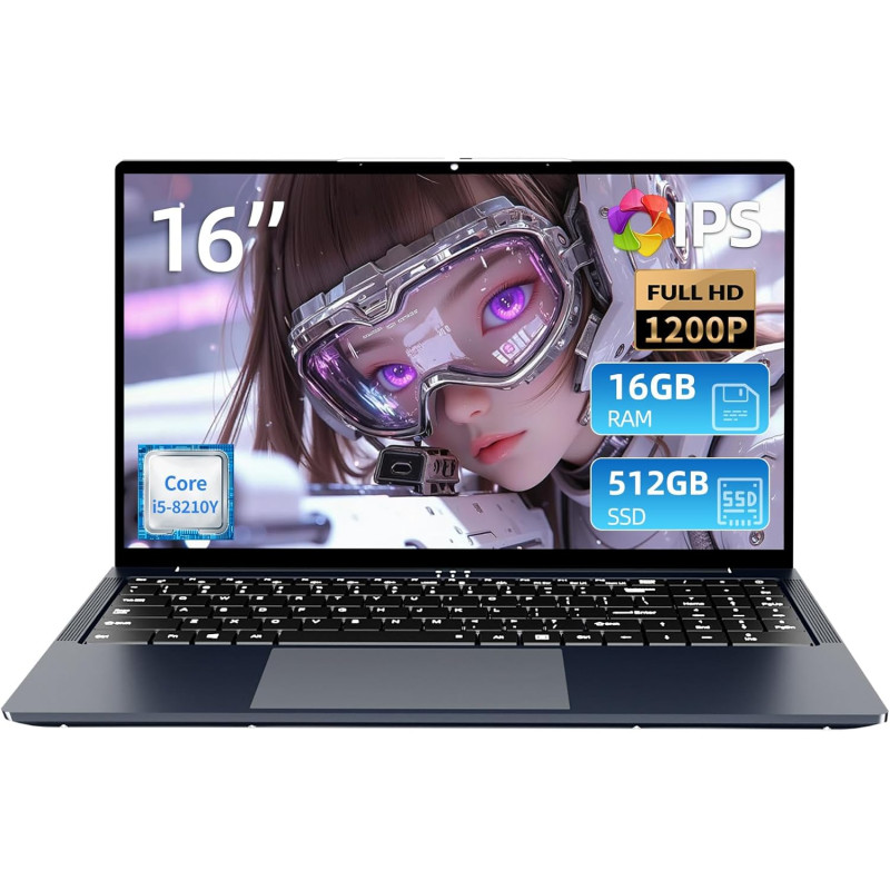 16 Pouces Ordinateur Portable, Core i5 8210Y Processeur 16Go RAM 512 Go SSD, PC Portable écran 1920 x 1200 IPS, RJ45, USB 3.0, H