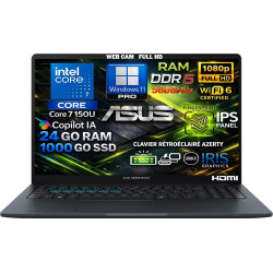 ASUS Ordinateur Portable Intel Core i7 14ᵉ Gén 5.4 GHz 10 Cœurs, RAM 24Go DDR5, SSD 1To, Écran 15.6" FHD IPS, WiFi6E, Copilot IA