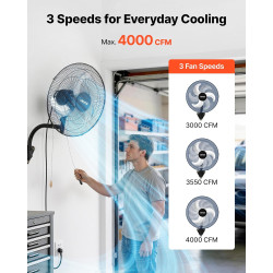 VEVOR Ventilateur Mural Industriel 45,7 cm, Ventilateur Oscillant pour Garage, Atelier, Entrepôt et Salle de Sport, 3 Vitesses, 