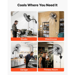 VEVOR Ventilateur Mural Industriel 45,7 cm, Ventilateur Oscillant pour Garage, Atelier, Entrepôt et Salle de Sport, 3 Vitesses, 