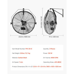 VEVOR Ventilateur Mural Industriel 50,5 cm Lot de 2, Ventilateur Mural pour Atelier, Garage, Entrepôt et Salle de Sport, 3 Vites