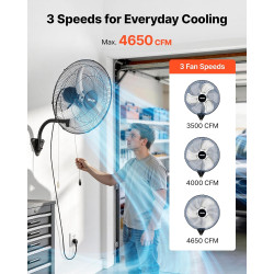 VEVOR Ventilateur Mural Industriel 50 cm, Ventilateur Oscillant pour Atelier, Garage, Entrepôt et Salle de Sport, 3 Vitesses, Os
