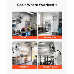 VEVOR Ventilateur Mural Industriel 50 cm, Ventilateur Oscillant pour Atelier, Garage, Entrepôt et Salle de Sport, 3 Vitesses, Os