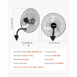 VEVOR Ventilateur Mural Industriel 50 cm, Ventilateur Oscillant pour Atelier, Garage, Entrepôt et Salle de Sport, 3 Vitesses, Os