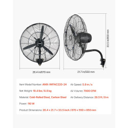 VEVOR Ventilateur Mural Industriel Brumisateur 61 cm, Ventilateur Oscillant pour Garage, Atelier, Entrepôt et Salle de Sport, Pr