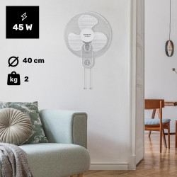 Taurus Greco Wall Ventilateur Mural Silencieux 3 Vitesses Sélecteur de Vitesse Oscillant Interrupteur à Tirette Grille Amovible 