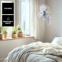 Taurus Greco Wall Ventilateur Mural Silencieux 3 Vitesses Sélecteur de Vitesse Oscillant Interrupteur à Tirette Grille Amovible 