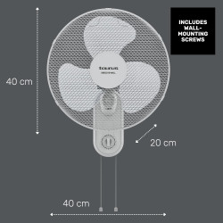 Taurus Greco Wall Ventilateur Mural Silencieux 3 Vitesses Sélecteur de Vitesse Oscillant Interrupteur à Tirette Grille Amovible 