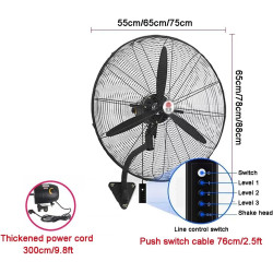 Ventilateur Mural Oscillant 55 Cm/65 Cm/75 Cm Avec 3 Vitesses, Tête Oscillante À 120 Degrés, Pour La Maison, Le Bureau, L'atelie