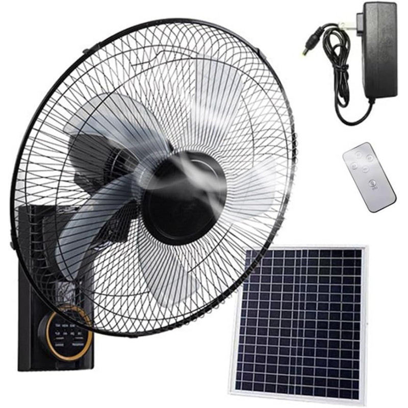 Ventilateur mural solaire 40 cm, silencieux et oscillant, avec télécommande, 3 vitesses, minuterie, 5 pales, inclinaison réglabl