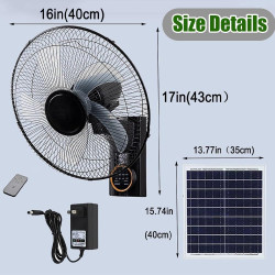 Ventilateur mural solaire 40 cm, silencieux et oscillant, avec télécommande, 3 vitesses, minuterie, 5 pales, inclinaison réglabl