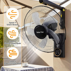 Ventilateur Solaire Mural Silencieux Télécommande, 3 Vitesses Oscillant Avec Minuterie, Inclinaison Réglable, Intérieur Extérieu