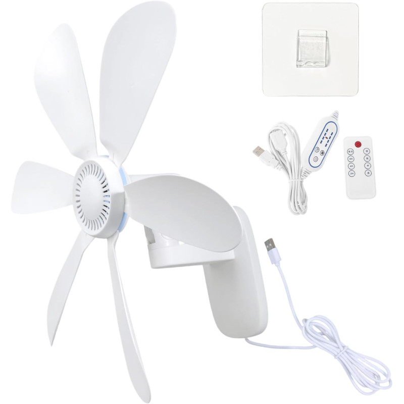 Ventilateur mural alimenté par USB avec télécommande amovible, 4 réglages de vitesse et fonction minuterie pour tente domestique