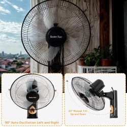Ventilateur Solaire Extérieur Mural Pour Terrasse, 5 Pales 3 Vitesses Oscillant 90°, Télécommande, Pour Chambre Camping Jardin M