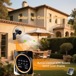 Ventilateur Solaire Extérieur Mural Pour Terrasse, 5 Pales 3 Vitesses Oscillant 90°, Télécommande, Pour Chambre Camping Jardin M